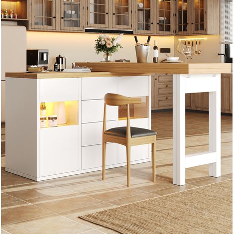 Isla de cocina extensible 120-197 cm, giratoria 360° con LED RGB, blanco HAVRYA (1/5)