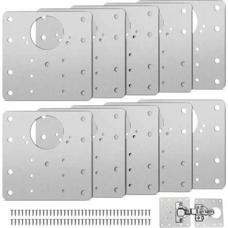 Plaque de Réparation de Charnière D'armoire avec Trou, 10 Pièces Supports de Réparation Plaques Installation Facile avec 60 Vis, Kit De Réparation De Charnière pour Bois, Meubles, Étagères (1/5)