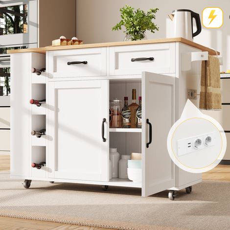 Desserte de cuisine à roulettes 131,5x43x90,7cm blanc effet bois, plan rabattable avec prises, 2 tiroirs, casier à vin et rangement