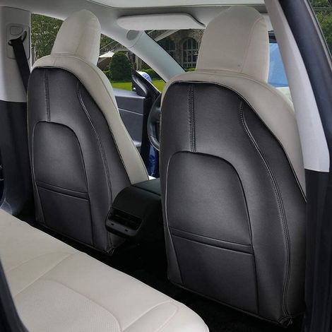 Tesla Model 3/Y/S/X 2er-Pack Leder-Rückenlehnenschutz für Kinder – zusätzlicher Organizer – taschensicher – wasser- und kratzfest – Schwarz (1/5)