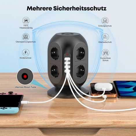 8-fach Steckdosenleiste mit Überspannungsschutz, 2 USB-Ladeanschlüssen, 2 m Kabel, 2 Schaltern (Schwarz)