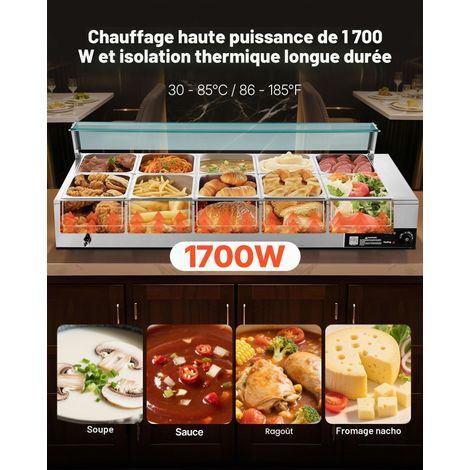 Chauffe-Plat Électrique à Vapeur 1700 W, Buffet Chauffant en INOX, Bain-Marie avec 10 Bacs de 1/2, Couvercle en Verre et Louches à Soupe et Perforées, pour Servir Buffet en Libre-Service (1/5)