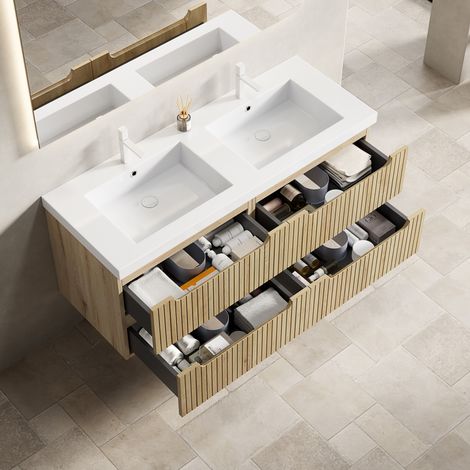 Mobile bagno sospeso 120 cm con 2 lavabi integrati, 4 cassetti, rovere bianco (1/5)