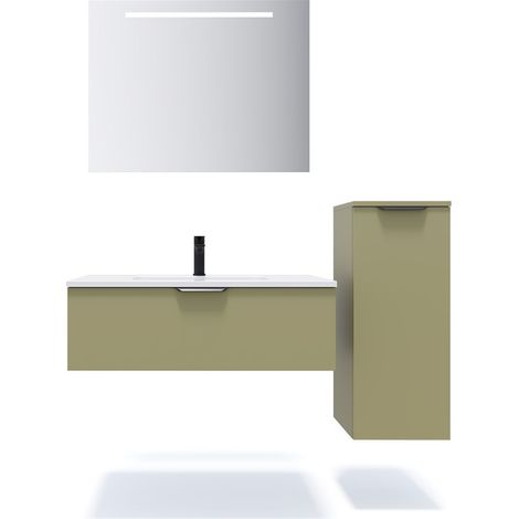 Meuble de salle de bain suspendu vasque intégrée 90cm 1 tiroir Vert olive + miroir + colonne ouverture droite - Soho (1/5)