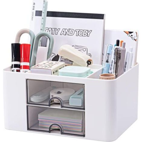 Organiseur de bureau polyvalent avec 5 compartiments, 2 tiroirs et options de rangement multifonctionnelles - Idéal pour les fournitures, la papeterie et les accessoires (1/5)