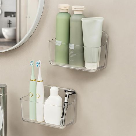 2 Pièces Etagère Douche, Étagère Salle de Bain, Etagere Salle de Bain Transparente, Étagère de Salle de Bain Sans Perçage, Rangement Panier de Douche pour Salle de Bain, Auto-Adhésif - 18cm