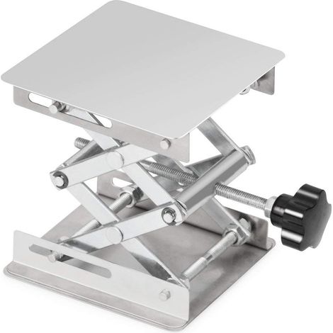 Mesa elevadora de laboratorio de acero inoxidable, 100 x 100 mm, altura de elevación extensible de 45 a 150 mm, peso soportado: 5 kg.