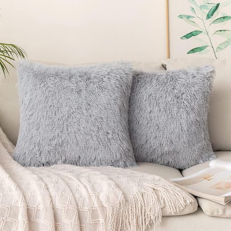 Lot de 2 Housse de Coussin de Canapé Fourrure de Luxe Decoration canapé Maison Chambre Lit Super Doux Peluche Taie d'oreiller Décorative 40X40cm （Gris Clair） (1/2)