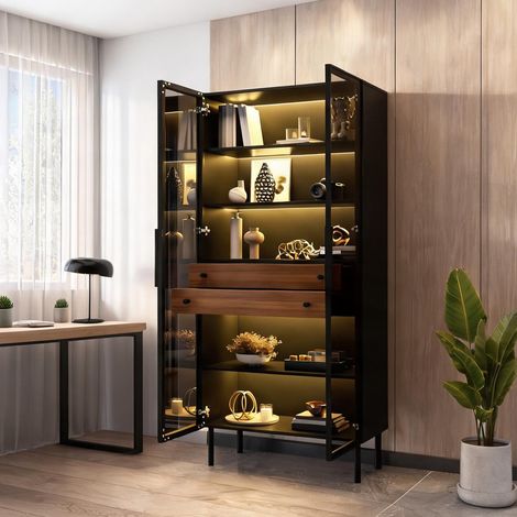 Vitrine en bois noir avec éclairage LED 2 tiroirs et étagères (1/5)