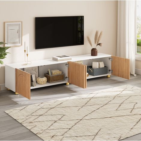 REDOM - Mobile TV 180x35x40 cm, 4 ante con rilievo ad arco, ampio spazio di contenimento, MDF e pannelli di particelle, naturale e bianco (1/5)