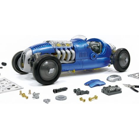 Velleman Blauer Retro-Rennwagen-Bausatz mit transparentem V8-Motor, beweglichen Kolben, 4-Gang-Getriebe mit Rückwärtsgang, STEM Lernmodell, 233 Teile, ab 10 Jahren