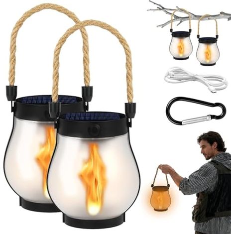 Lanternes solaires corde chanvre 2 pièces, imperméables avec mousqueton, 1500 mAh, recharge USB double mode, flamme réaliste vacillante pour déco jardin, balcon, terrasse