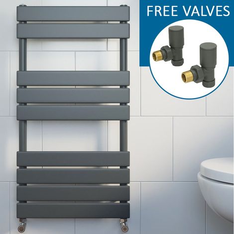 Anthracite Flat Panel Heated Towel Rail Grey Bathroom Radiator 950 x 500mm & Angled Valve