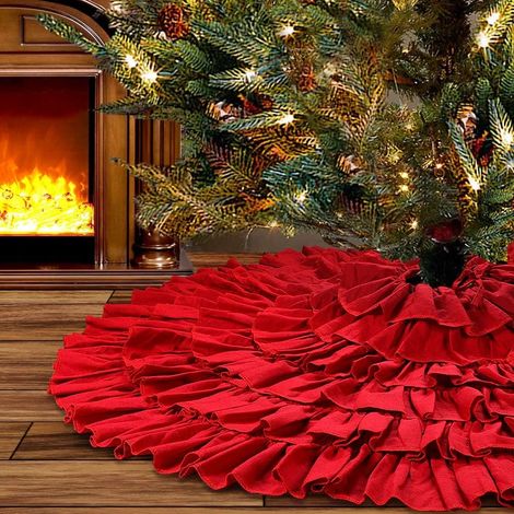 Tapis de sapin de Noël rouge à volants, 122 cm (48 pouces), 6 couches, style rustique, idéal pour les fêtes de fin d'année. Décoration de Noël champêtre. (1/5)