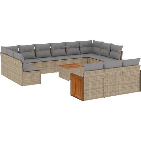 Salon de jardin avec coussins 14 pcs beige résine tressée (1/3)
