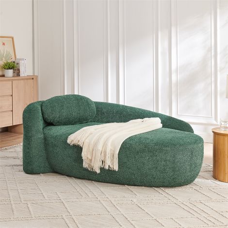 Canapé méridienne tissu bouclette - 170x96x62cm - Banquette lounge arrondie avec coussin mousse haute densité - Vert (1/5)