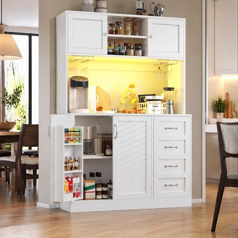 Buffet haut avec éclairage LED, 4 portes et 2 grands tiroirs, blanc DESVIAE (1/5)