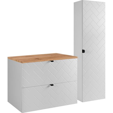 Furnidea - Ensemble un meuble sous vasque 80 cm avec le plan CHÊNE et une colonne 35/136 cm à suspendre MADIS BLANC - façades motif chevron (1/5)