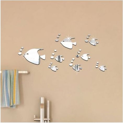 Autocollant mural à bulles de poisson de mer Autocollants effet miroir 3D DIY Autocollant amovible (Argent) (1/5)