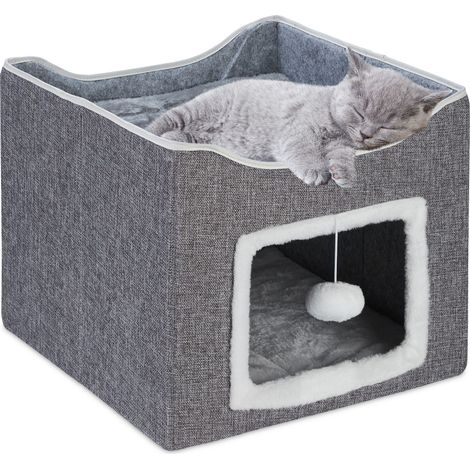 Relaxdays – Grotte pour 2 chats – Abri pliable avec surface à griffer – Dimensions H x L x P : 32 x 40 x 40 cm – Coussins moelleux inclus – Couleur grise
