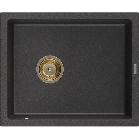 Mexen Pedro évier en granit à 1 cuve 560 x 460 mm, Noir moucheté, siphon Or - 6508561000-76-G (1/5)