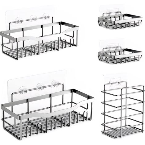 Étagère de douche en acier inoxydable galvanisé - 5 pièces - Grande capacité - Organisateur de salle de bain - Étagère de douche sans perçage avec distributeur de savon et crochets - Porte-shampoing - (1/5)