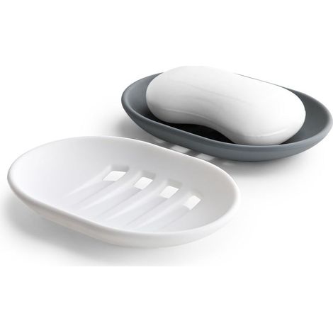 Lot de 2 Porte Savon en Silicone avec Drainage, Boite Savon Antidérapant et Portable, Porte Savon Salle de Bain (Gris et Blanc) (1/5)