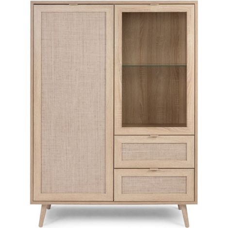 Abitare – Vitrine 139 cm chêne clair avec 2 portes et 4 étagères dont 1 en verre – Bords en ABS – Pieds modernes 16 cm