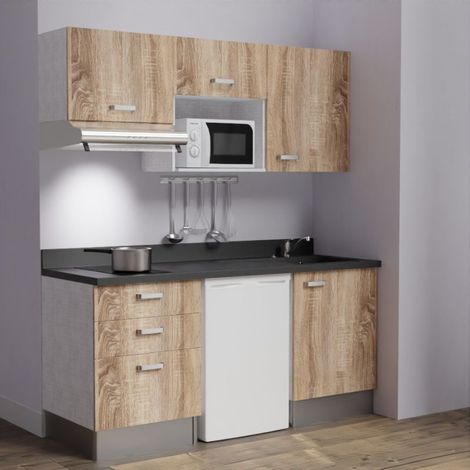 Kitchenette K20L - 180 cm - emplacements frigo, micro-ondes et hotte-Bois-Nero-évier à droite (1/5)