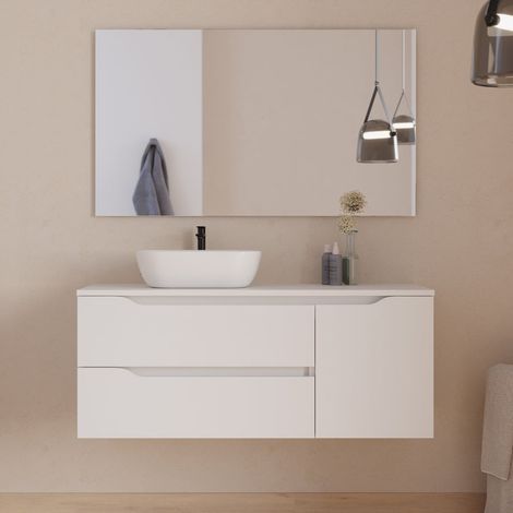 Meuble de salle de bain 120cm avec plateau, vasque à poser déportée à gauche Zeus et miroir - 2 tiroirs et un placard - blanc - ZARZA