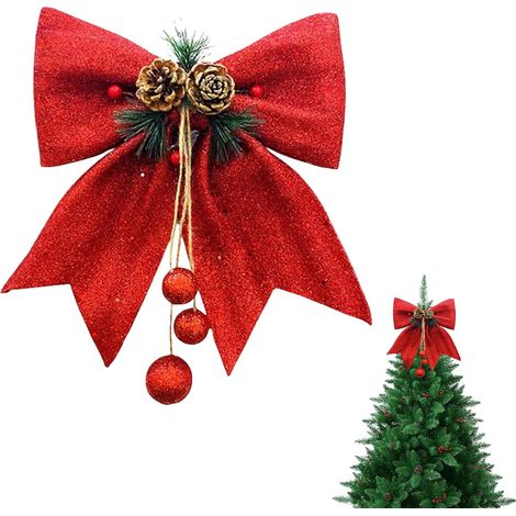 25 30CM Rouge Glitter Topper-Bögen für den Weihnachtsbaum, große Paillettenkränze, Krawatten, Mousse-Bogenornamente für Weihnachtsdekorationen (1/4)