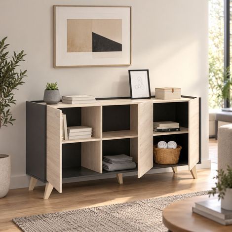 Dmora - Aparador Avez, Buffet para salón, Aparador moderno para salón con 3 puertas, 155x43h75 cm, Roble y Antracita