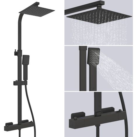AICA Black Shower Thermostatic Bathroom Mixer Set Square Twin Head Exposed Valve