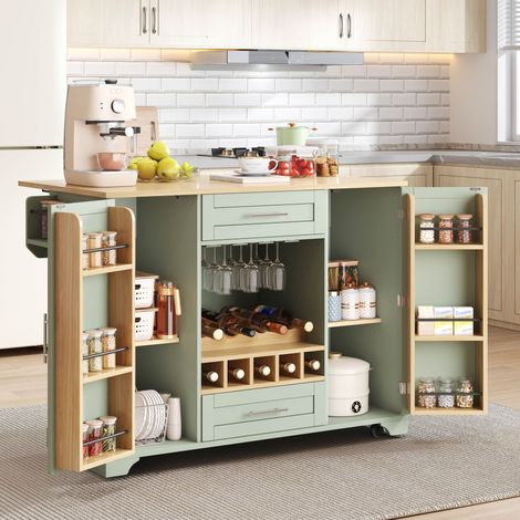 Modernluxe - Îlot central de cuisine avec table rabattable, 2 portes et 2 tiroirs, casier à bouteilles - vert (1/5)