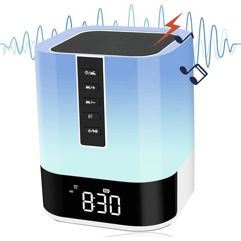 Réveil avec lampe de chevet tactile à intensité variable, haut-parleur Bluetooth, machine à bruit blanc et fonction réveil.