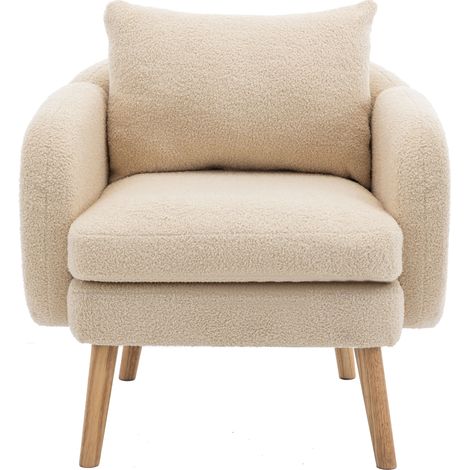 Fauteuil moderne en tissu Teddy beige avec coussin, assise extra-épaisse, pieds en bois (1/5)