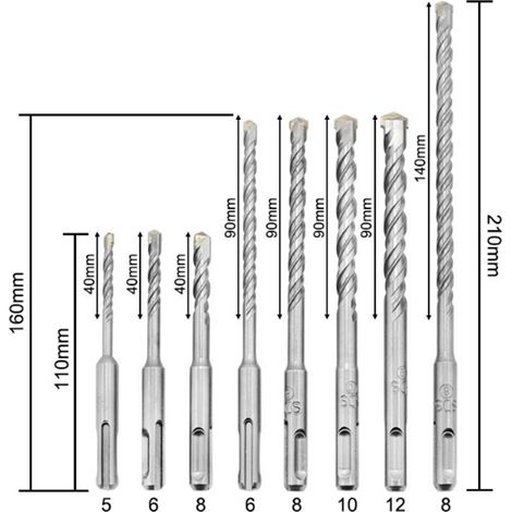 Ensemble de 8 forets à percussion SDS à 2 trous et 2 fentes pour marteau perforateur électrique, forets SDS PLUS