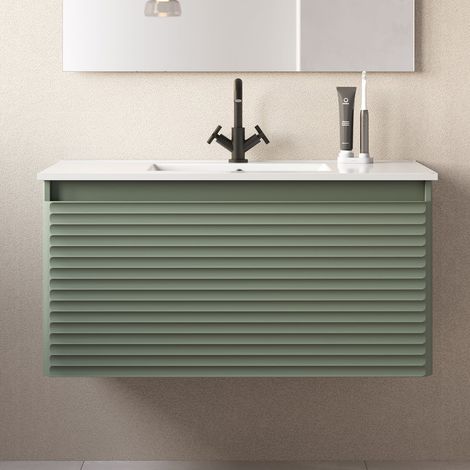 Meuble de salle de bain 100cm simple vasque - 2 tiroirs - sans miroir - vert - SUZA