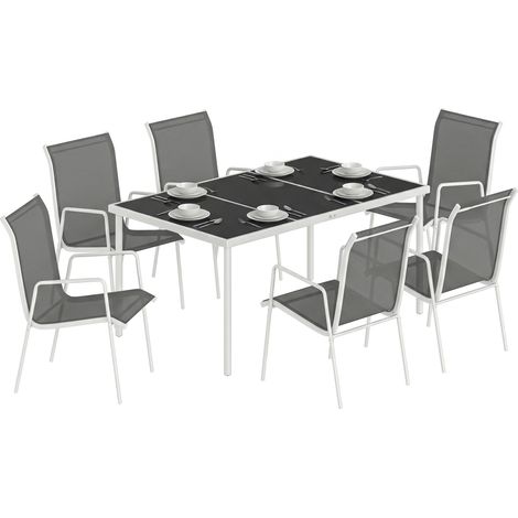 Ensemble de table et chaises de jardin avec verre trempé et 6 chaises empilables, pour terrasse, couleur grise, confortable et facile d’entretien.
