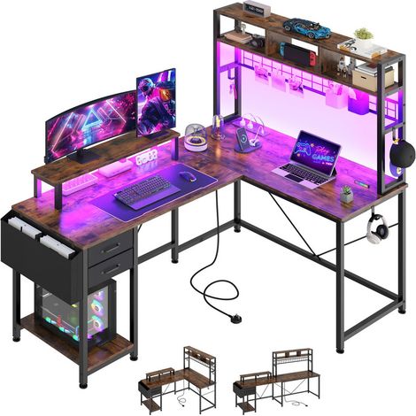 Reversible L-Shaped Corner Gaming Desk Home Office Computer Desk with Drawers, Storage Shelves, RGB LED Lights and Power Outlets (1/5)