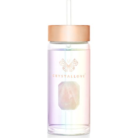 CRYSTALLOVE Bottiglia d'acqua in vetro con quarzo rosa e cannuccia 400 ml - Ologramma (1/5)