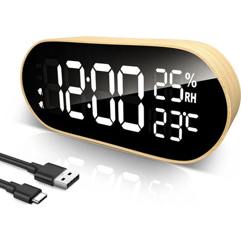 QAZQA Réveil Numérique LED, Horloge Numérique Bois avec Fonction Snooze/2 Alarmes/Température/Humidité, Réveil Matin Alimenté par USB Salon/Chambre/Bureau (1/4)