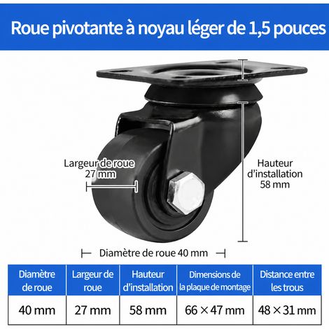 Roulette industrielle à profil bas 1,5 pouce 37,5 mm nylon pivotante platine 100 kg 1.5 27mm 100kg 58mm 10 × 8 × 10 cm 230 g – Livraison gratuite