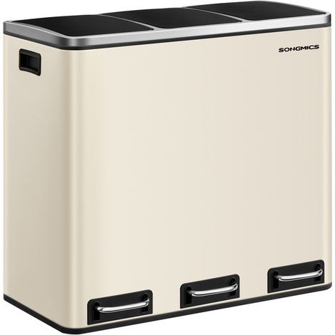 SONGMICS Poubelle Cuisine, 3 x 18L, Poubelle de Tri, 3 Compartiments, Déchets, Compost, Couvercles à Fermeture en Douceur, Pédales, Seaux Intérieurs, en Acier, Beige (1/5)