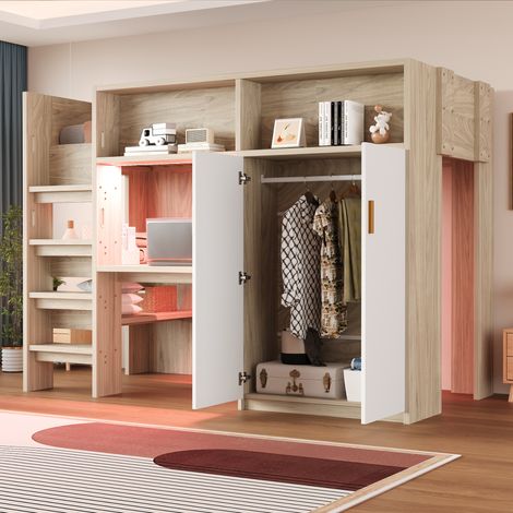 Cama alta 90×200 cm, Cama Individual con Escritorio, Armario, Estanterías, Almacenaje y LED Regulable, sin Colchón, Madera Natural (1/5)