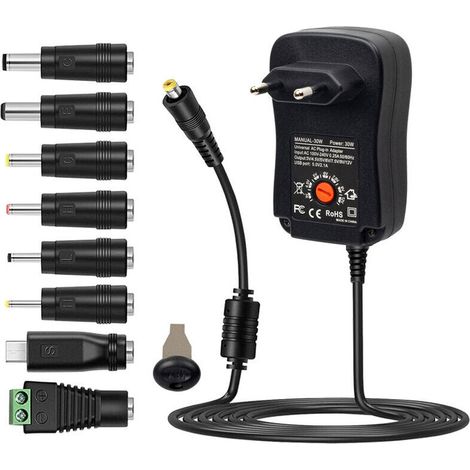 Adaptateur d'alimentation universel AC vers DC 30W avec port USB 5V 2,1A, chargeur d'alimentation enfichable AC Tension de sortie réglable 3V à 12V avec 8 adaptateurs DC pour l'électronique domestique
