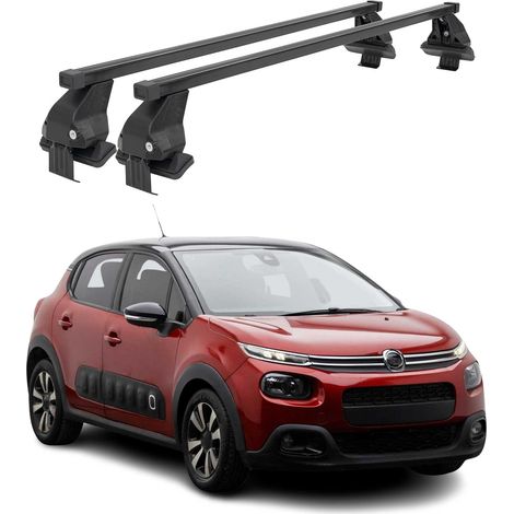 OMAC Barres de toit transversales en acier pour Citroën C3 2016-2024 – Antivol inclus – Testées City Crash – DIN 75302:2019 – ISO/PAS 11154:2006 – Charge max 50 kg Noir (1/4)