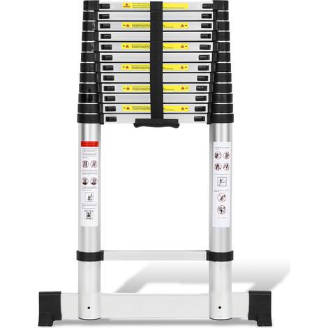 Wolketon Aluminium-Teleskopleiter 5,0 m, gerade Anlegeleiter mit Stabilisator, belastbar bis 150 kg