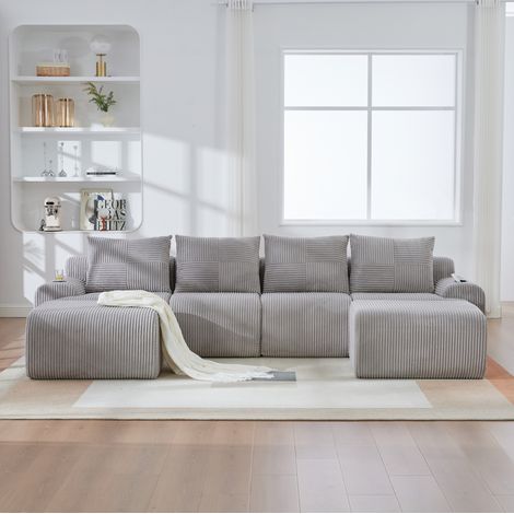 Canapé panoramique modulable 333×174×80 cm – Velours côtelé premium – Canapé d'angle 4 places – 2 porte-gobelet – gris clair (1/5)
