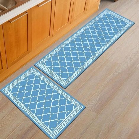 Set of 2 non-slip, absorbent kitchen mats, 40x120cm and 40x60cm - Grey-blue color, ideal for the bathroom.